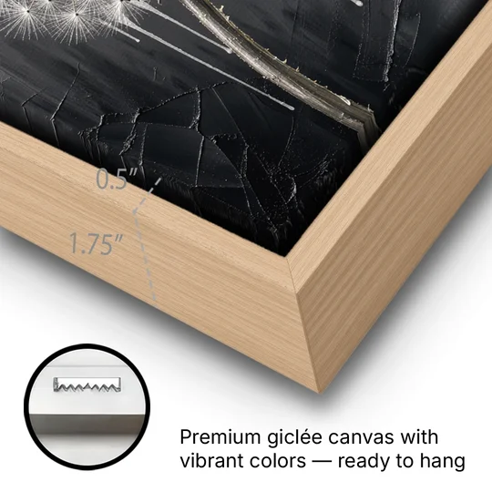 Black and White Canvas Prints with Drifting Dandelion - Oak Framed Canvas Wall Art - Gallery Wrap Corner