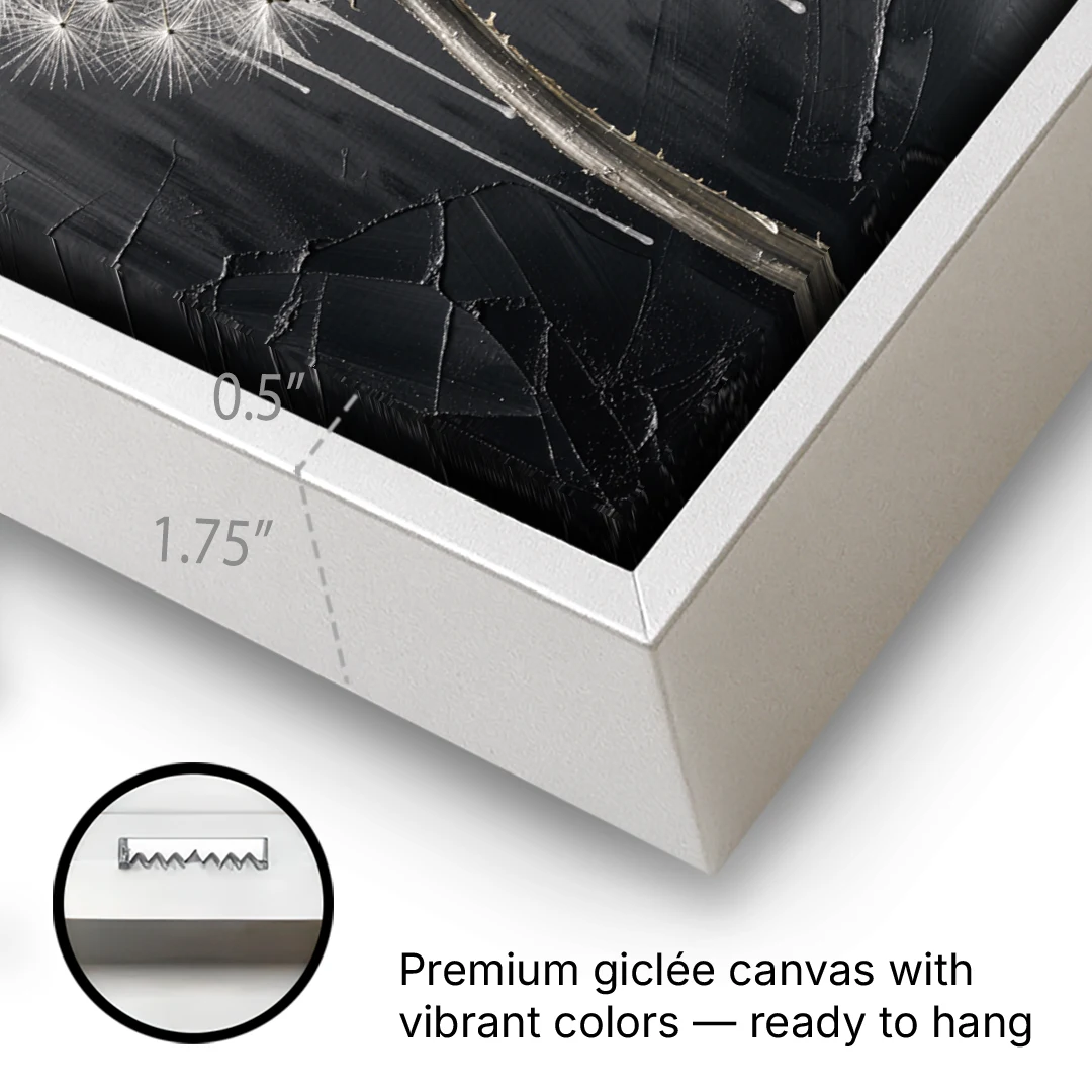 Black and White Canvas Prints with Drifting Dandelion - White Framed Canvas Wall Art - Gallery Wrap Corner