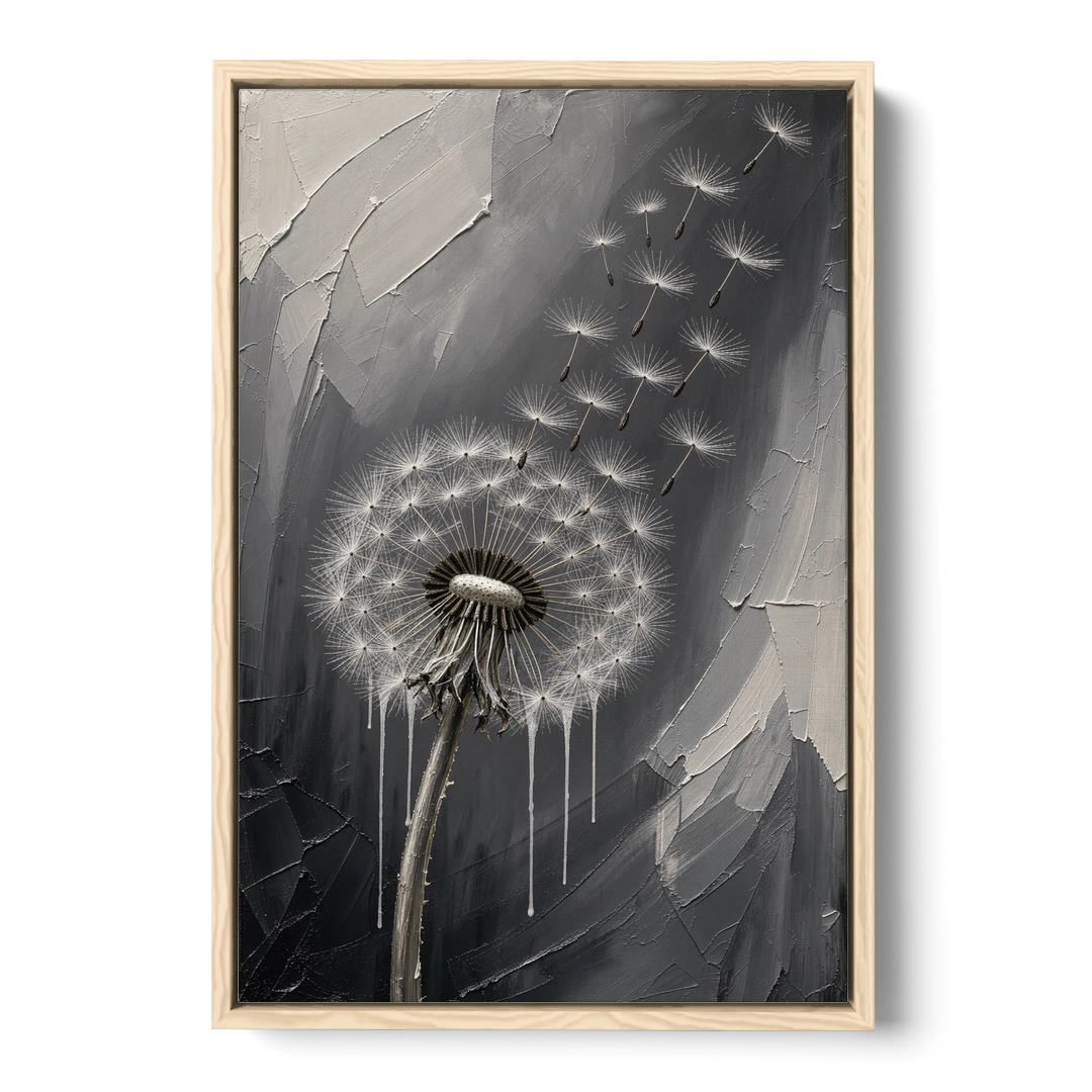 Black and White Canvas Prints with Drifting Dandelion - Oak Framed Canvas Wall Art - Front