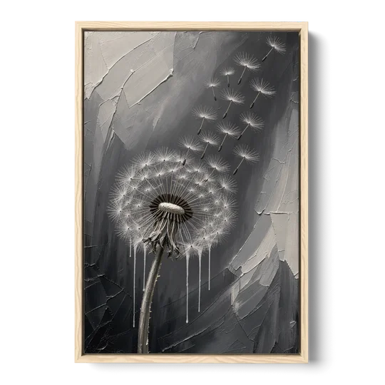 Black and White Canvas Prints with Drifting Dandelion - Oak Framed Canvas Wall Art - Front