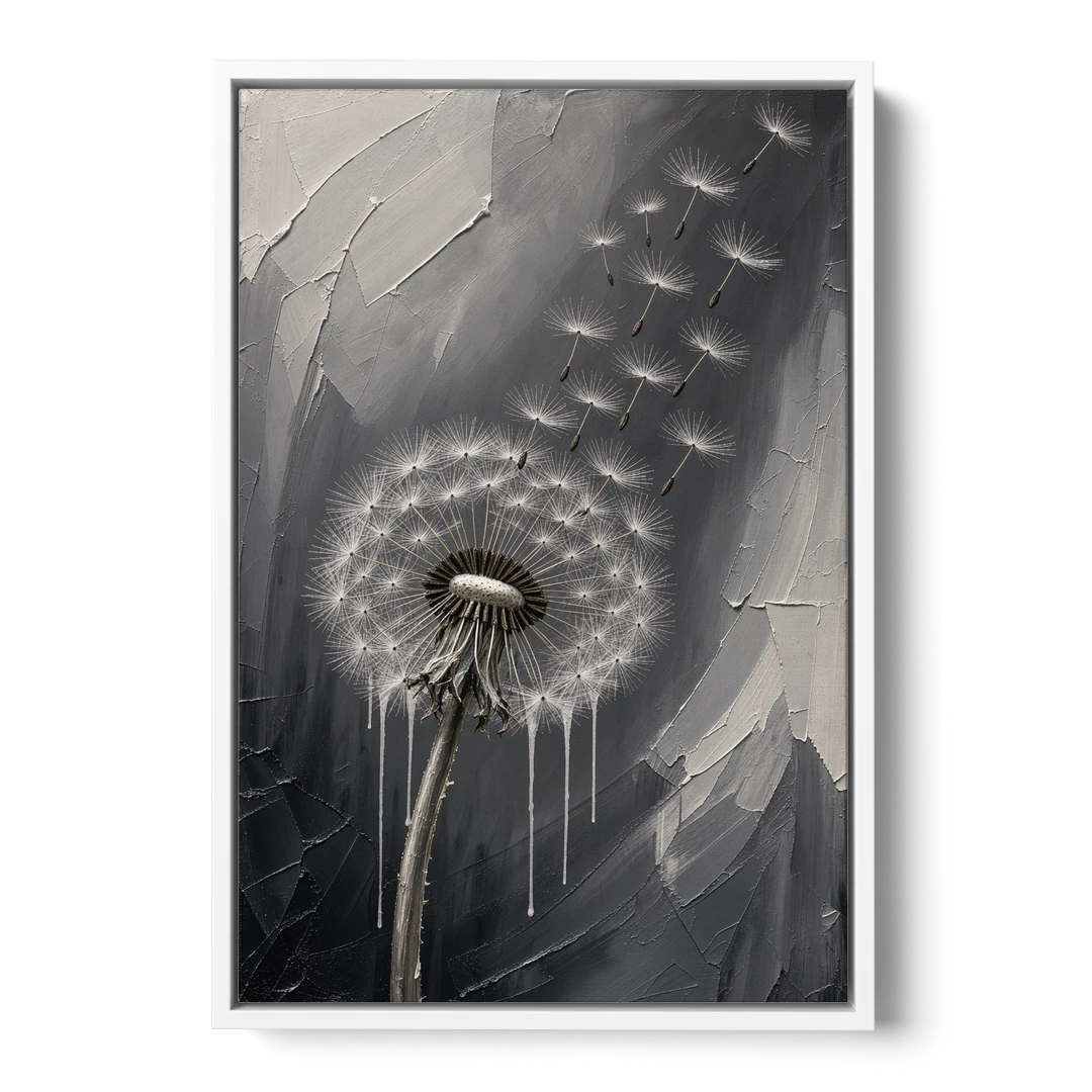 Black and White Canvas Prints with Drifting Dandelion - White Framed Canvas Wall Art - Front