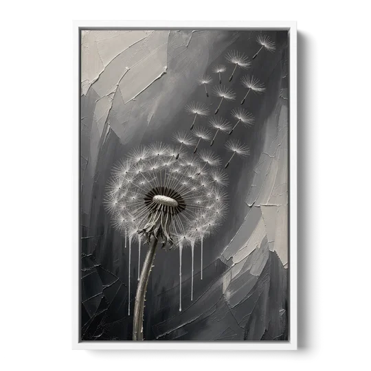 Black and White Canvas Prints with Drifting Dandelion - White Framed Canvas Wall Art - Front