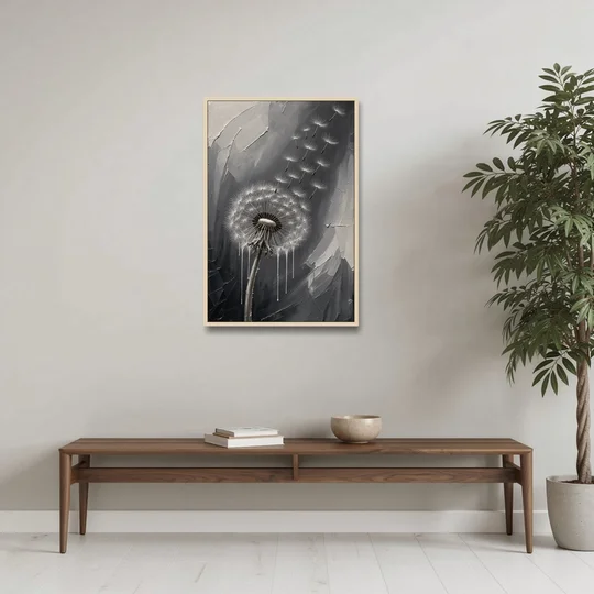Black and White Canvas Prints with Drifting Dandelion - Oak Framed Canvas Wall Art - Coffee Table - 24x36