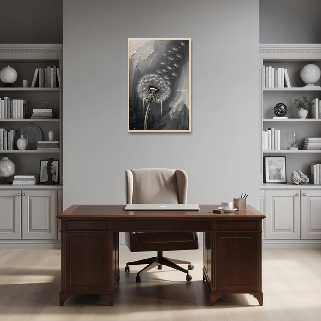 Black and White Canvas Prints with Drifting Dandelion - Oak Framed Canvas Wall Art - Office - 24x36