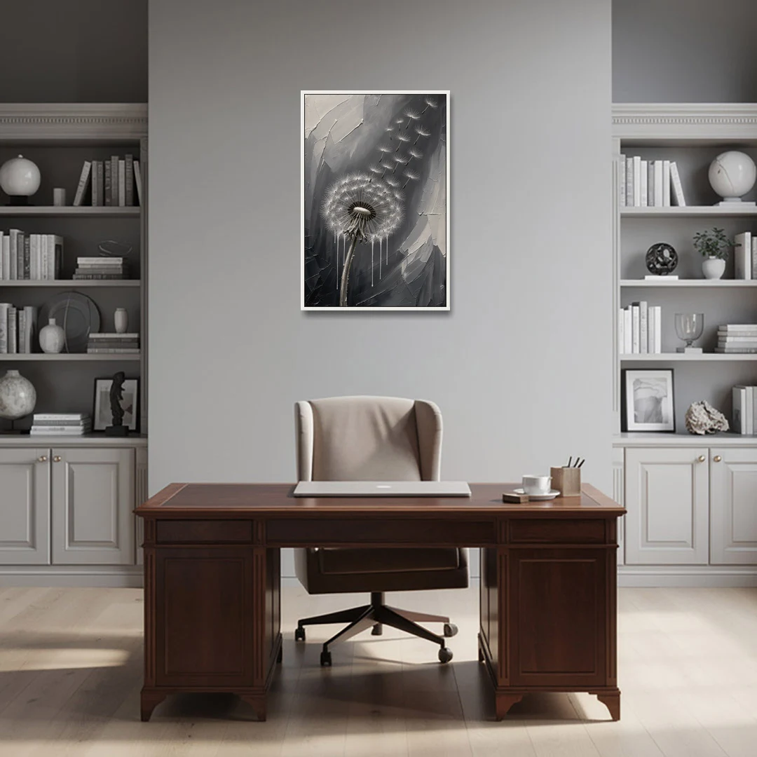 Black and White Canvas Prints with Drifting Dandelion - White Framed Canvas Wall Art - Office - 24x36