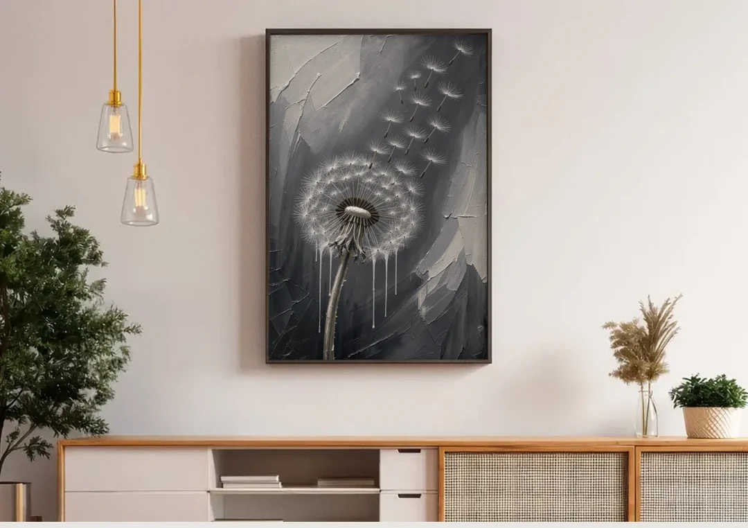 Black and White Canvas Prints with Drifting Dandelion canvas wall art above a wooden sideboard under pendant lights