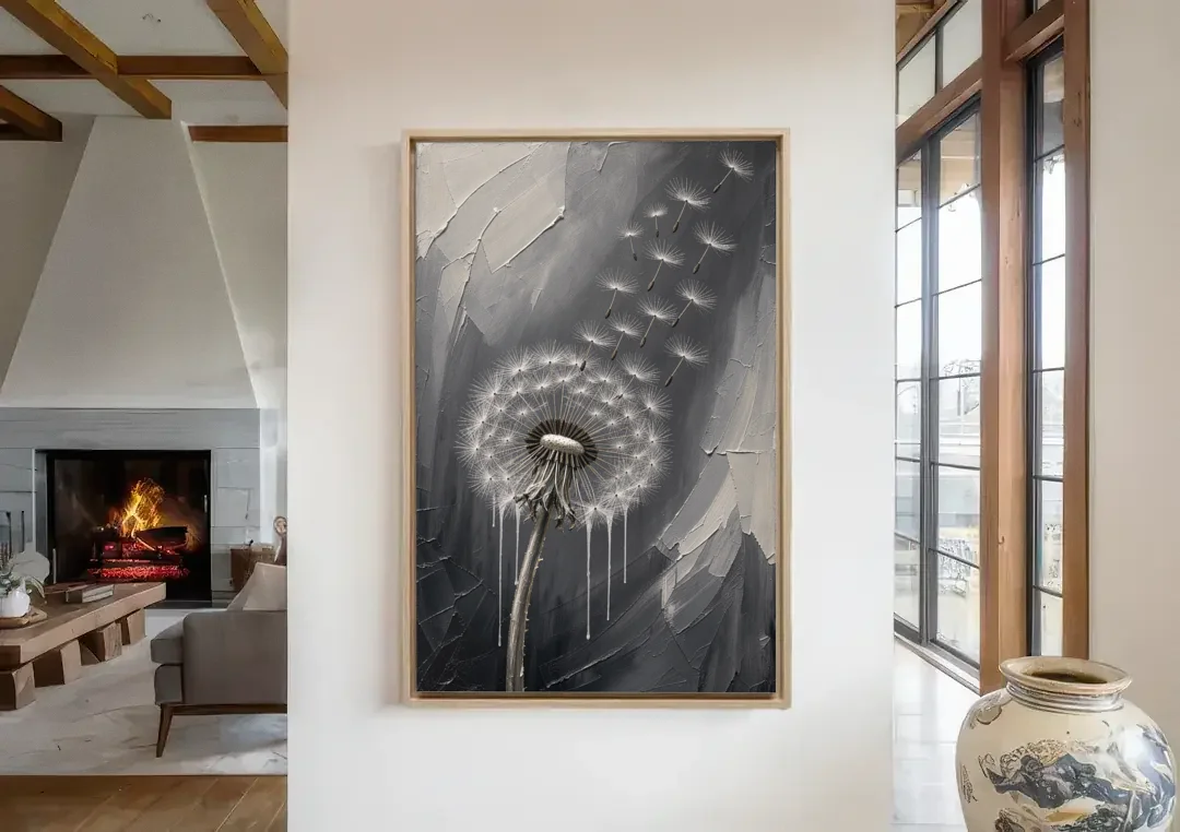 Black and White Canvas Prints with Drifting Dandelion canvas wall art in a living room with a fireplace