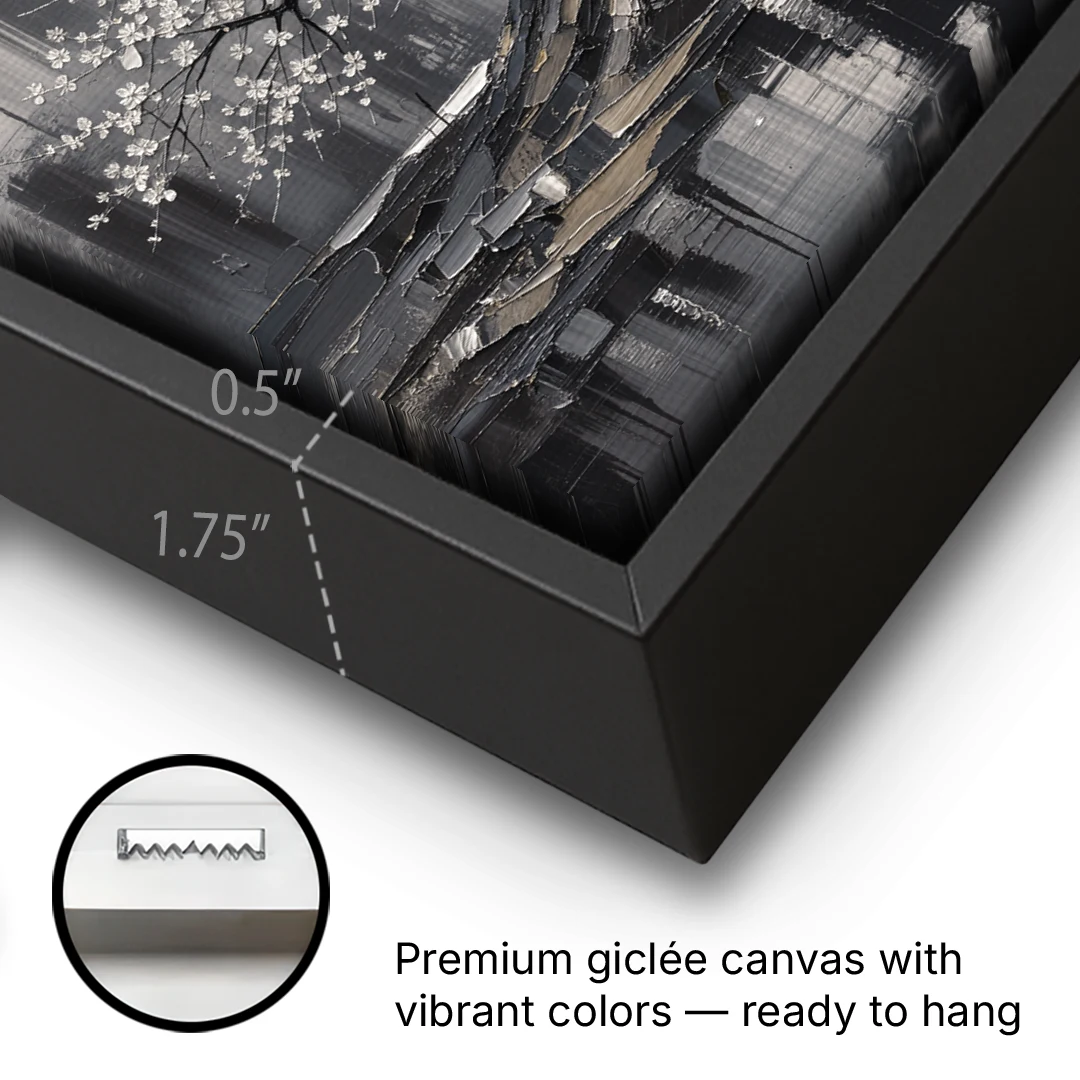 Black and White Cherry Blossom Over a Still Pond - Black Framed Canvas Wall Art - Gallery Wrap Corner