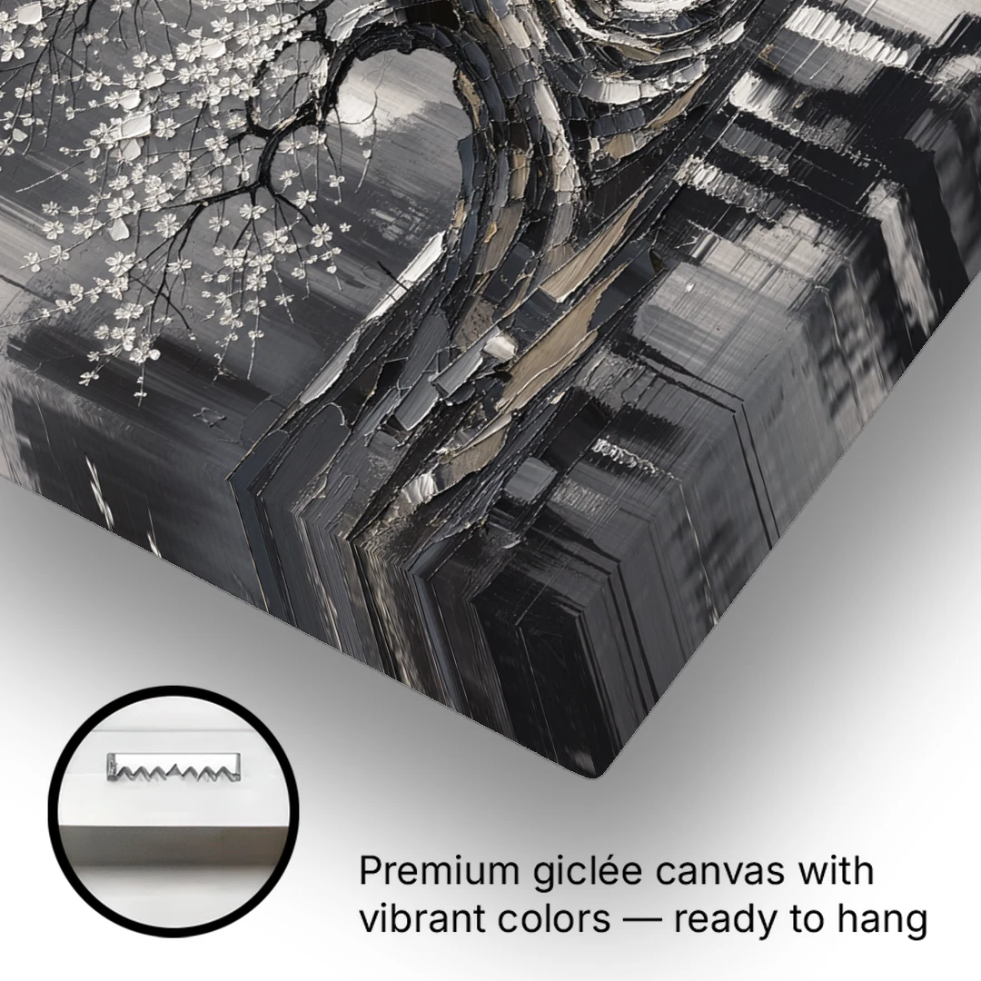 Black and White Cherry Blossom Over a Still Pond - Canvas Wall Art - Gallery Wrap Corner