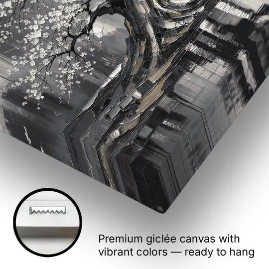 Black and White Cherry Blossom Over a Still Pond - Canvas Wall Art - Gallery Wrap Corner