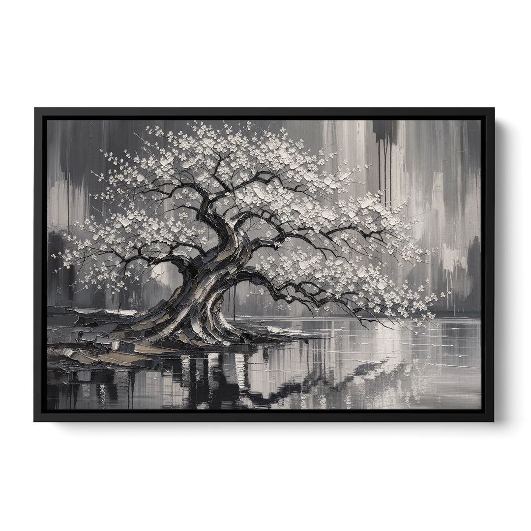Black and White Cherry Blossom Over a Still Pond - Black Framed Canvas Wall Art - Front