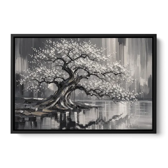 Black and White Cherry Blossom Over a Still Pond - Black Framed Canvas Wall Art - Front