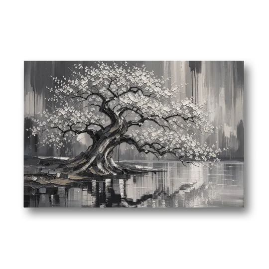 Black and White Cherry Blossom Over a Still Pond - Canvas Wall Art - Front