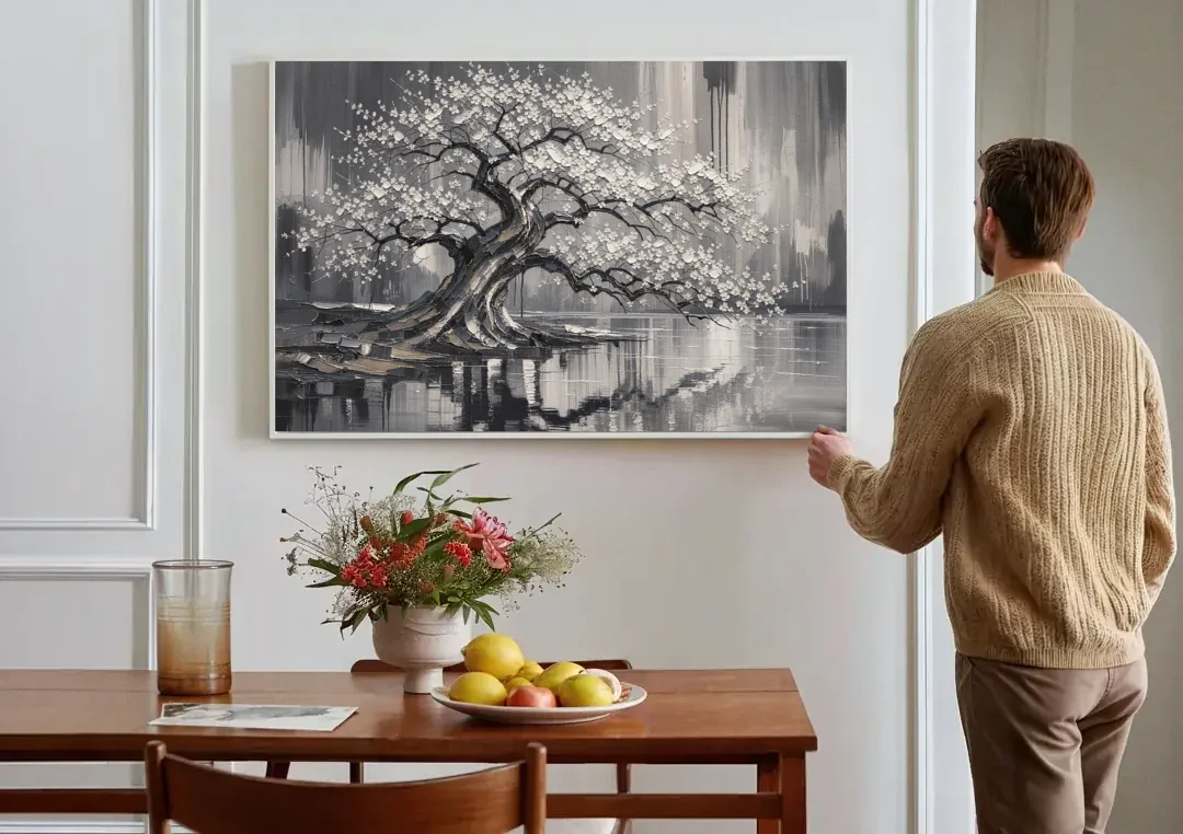 Black and White Cherry Blossom Over a Still Pond canvas wall art above a dining table