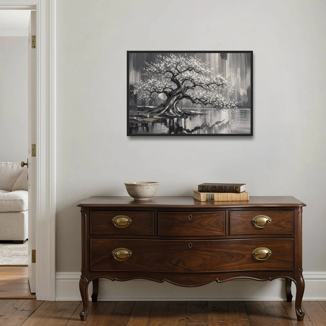 Black and White Cherry Blossom Over a Still Pond - Black Framed Canvas Wall Art - Coffee Table - 36x24