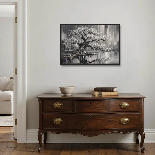 Black and White Cherry Blossom Over a Still Pond - Black Framed Canvas Wall Art - Coffee Table - 36x24