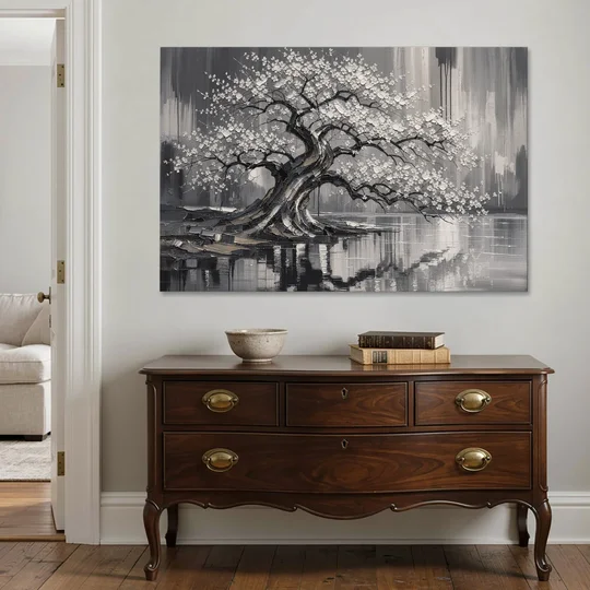 Black and White Cherry Blossom Over a Still Pond - Canvas Wall Art - Coffee Table - 60x40