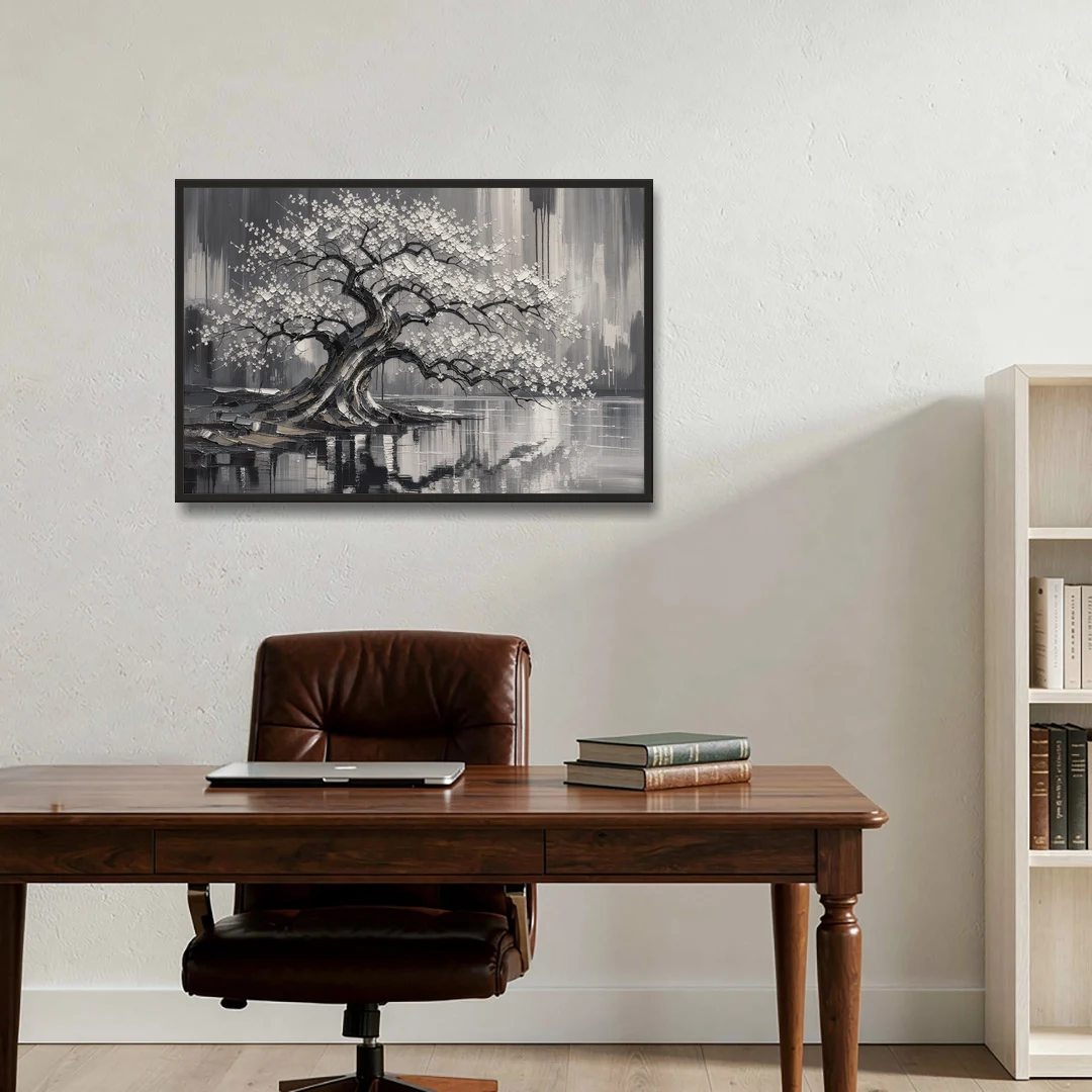 Black and White Cherry Blossom Over a Still Pond - Black Framed Canvas Wall Art - Office - 36x24