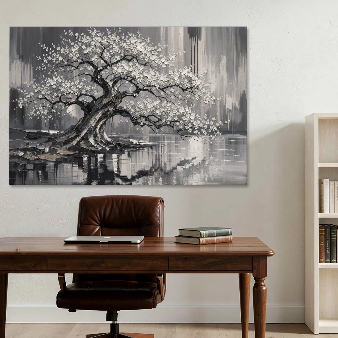 Black and White Cherry Blossom Over a Still Pond - Canvas Wall Art - Office - 60x40