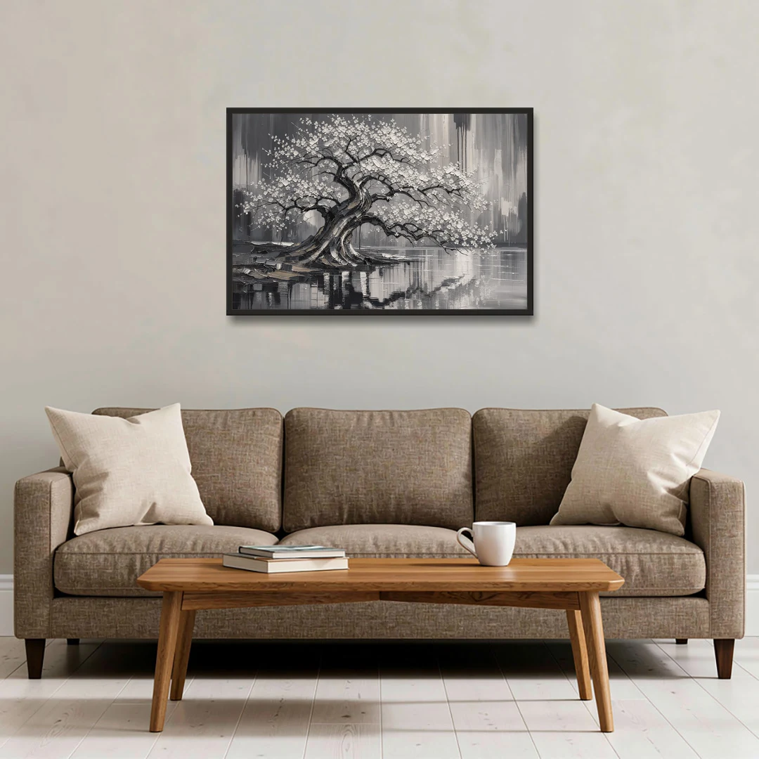 Black and White Cherry Blossom Over a Still Pond - Black Framed Canvas Wall Art - Sofa - 36x24