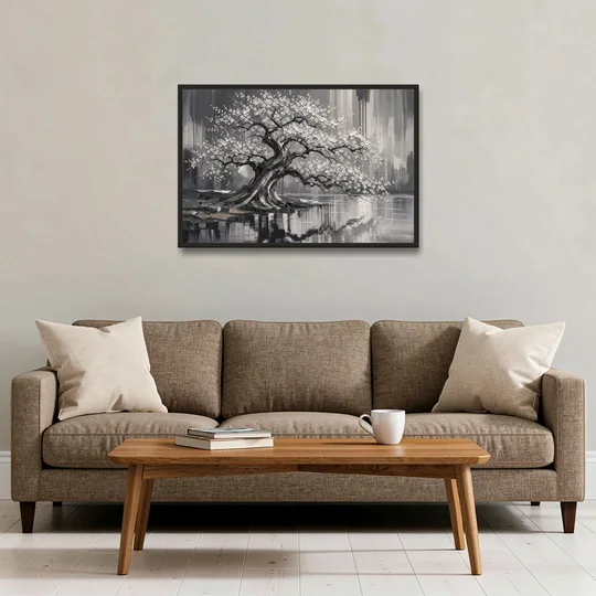 Black and White Cherry Blossom Over a Still Pond - Black Framed Canvas Wall Art - Sofa - 36x24