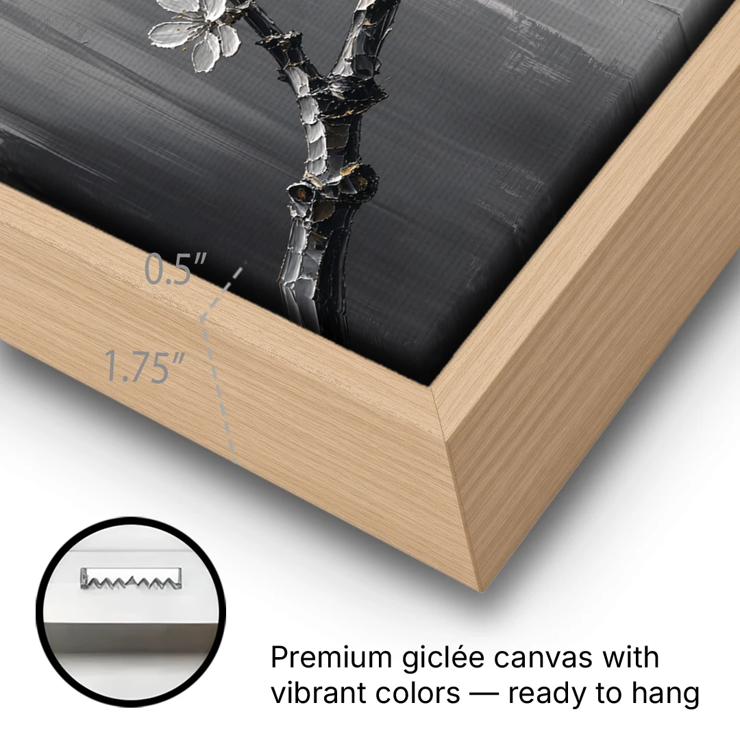 Black and White Cherry Blossom Painting with Drifting Petals - Oak Framed Canvas Wall Art - Gallery Wrap Corner