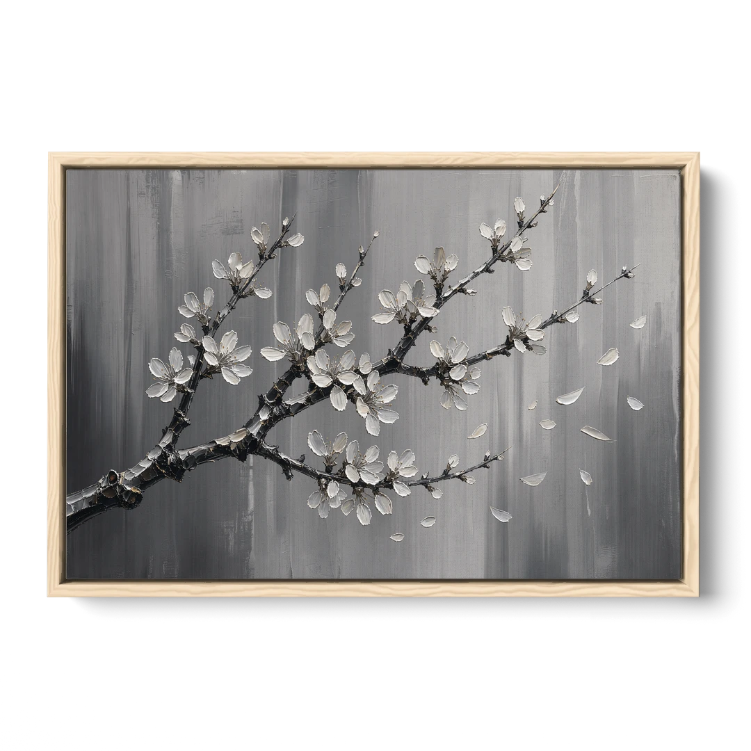 Black and White Cherry Blossom Painting with Drifting Petals - Oak Framed Canvas Wall Art - Front