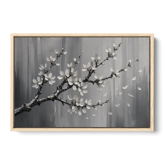 Black and White Cherry Blossom Painting with Drifting Petals - Oak Framed Canvas Wall Art - Front