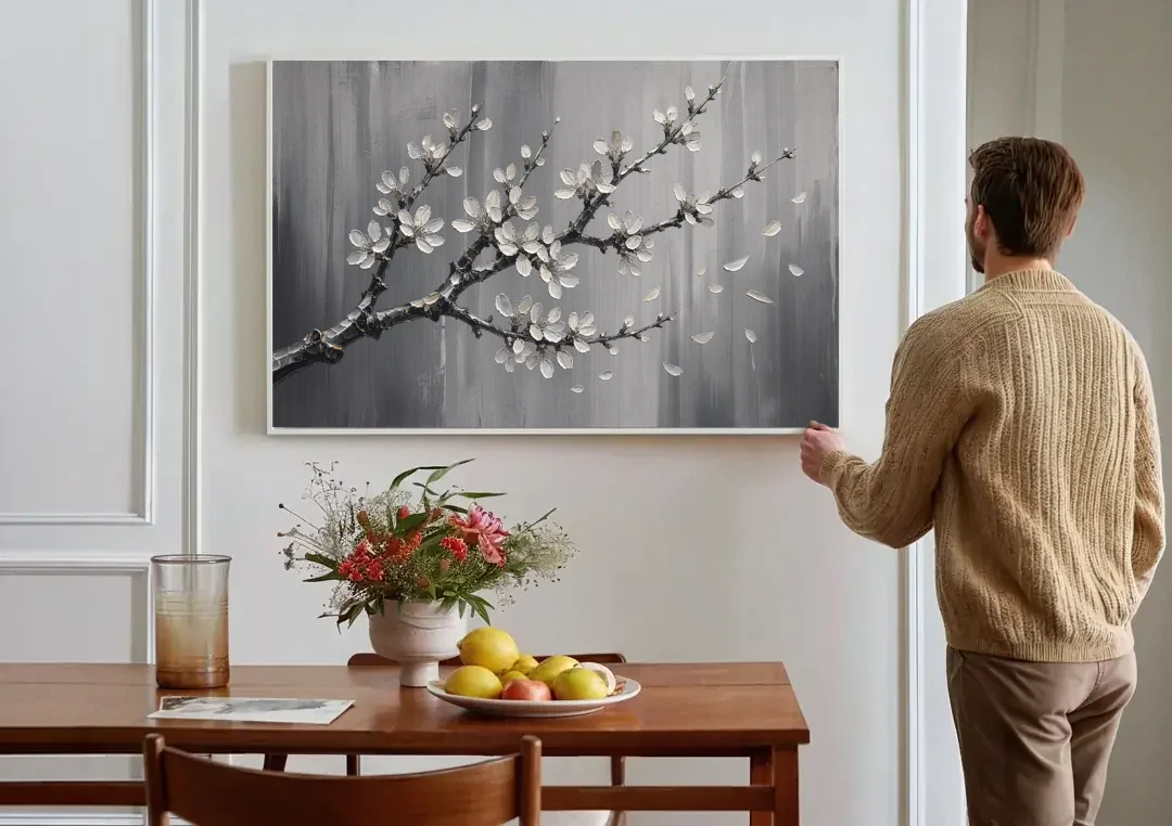 Black and White Cherry Blossom Painting with Drifting Petals canvas wall art above a dining table