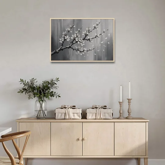 Black and White Cherry Blossom Painting with Drifting Petals - Oak Framed Canvas Wall Art - Coffee Table - 36x24