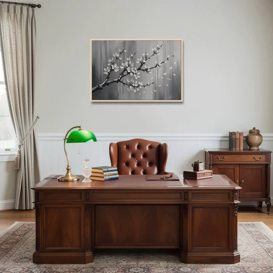 Black and White Cherry Blossom Painting with Drifting Petals - Oak Framed Canvas Wall Art - Office - 36x24