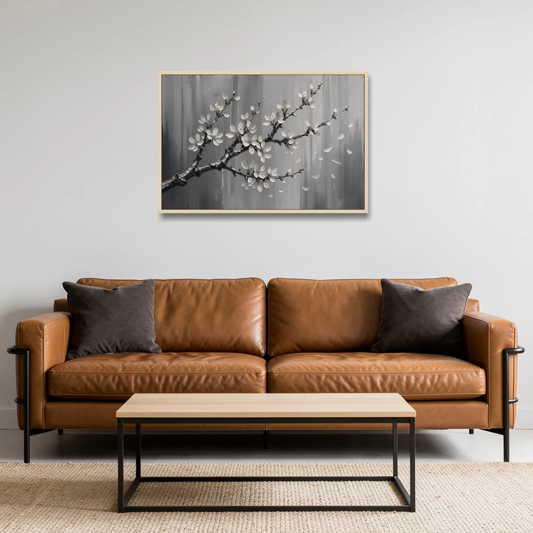 Black and White Cherry Blossom Painting with Drifting Petals - Oak Framed Canvas Wall Art - Sofa - 36x24