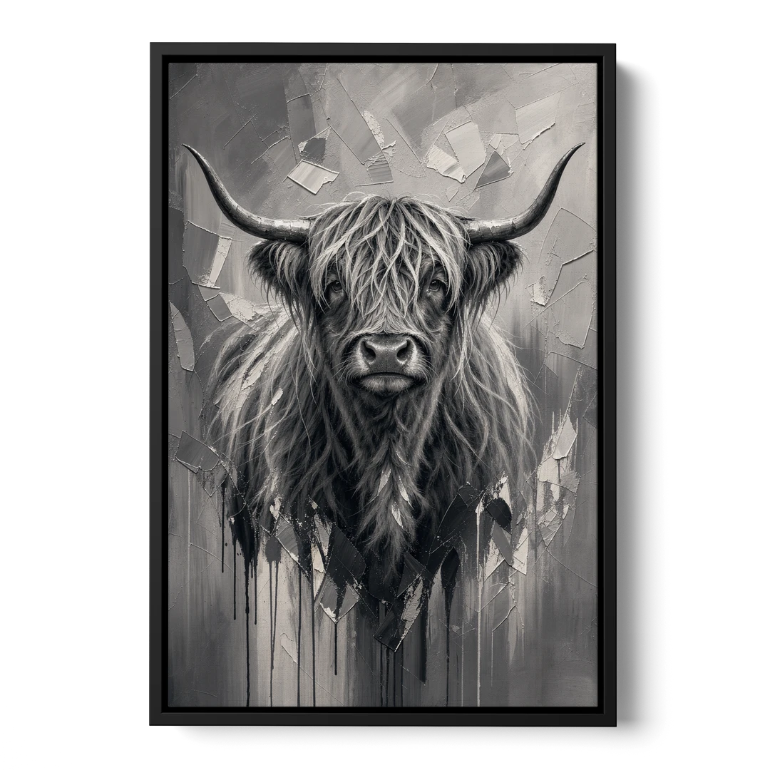 Black and White Farmhouse Shaggy Highland Cow - Black Framed Canvas Wall Art - Front