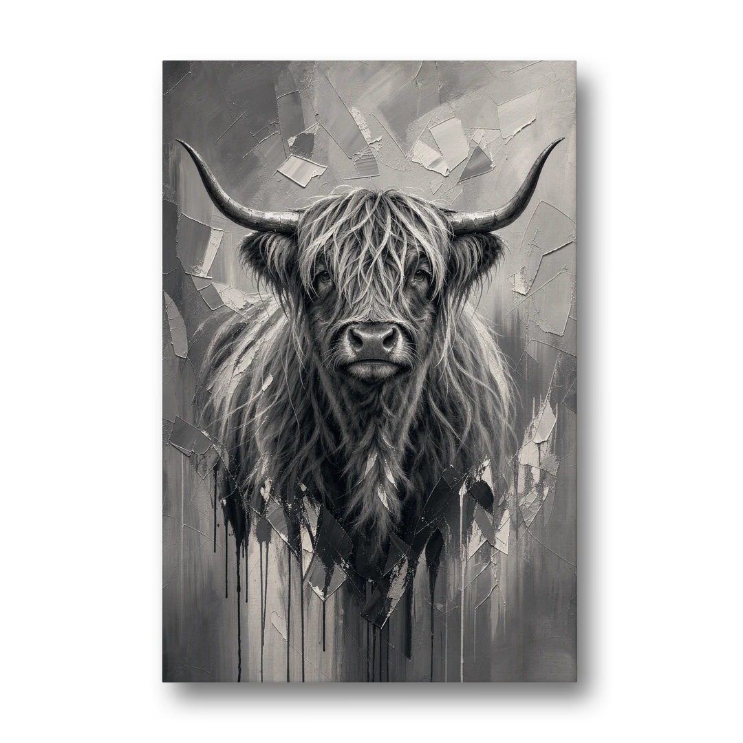 Black and White Farmhouse Shaggy Highland Cow - Canvas Wall Art - Front