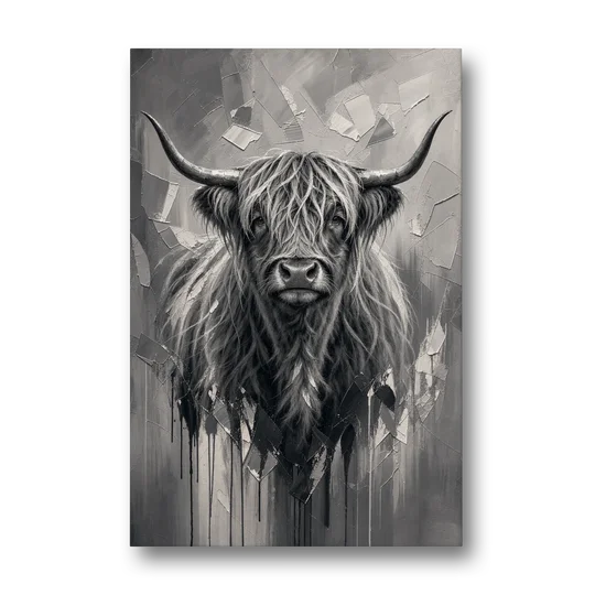 Black and White Farmhouse Shaggy Highland Cow - Canvas Wall Art - Front