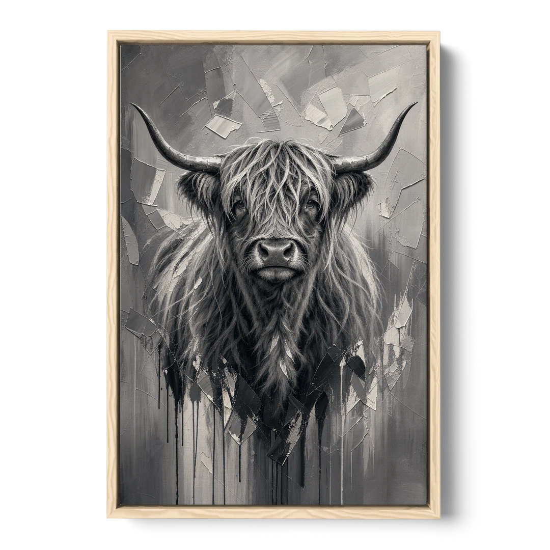 Black and White Farmhouse Shaggy Highland Cow - Oak Framed Canvas Wall Art - Front