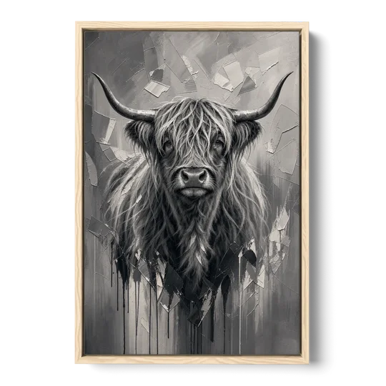 Black and White Farmhouse Shaggy Highland Cow - Oak Framed Canvas Wall Art - Front