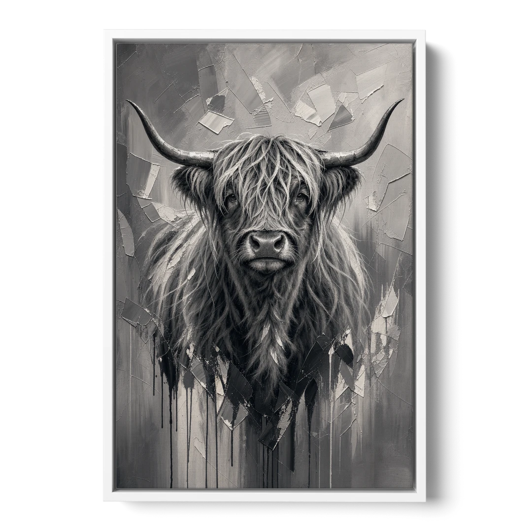 Black and White Farmhouse Shaggy Highland Cow - White Framed Canvas Wall Art - Front