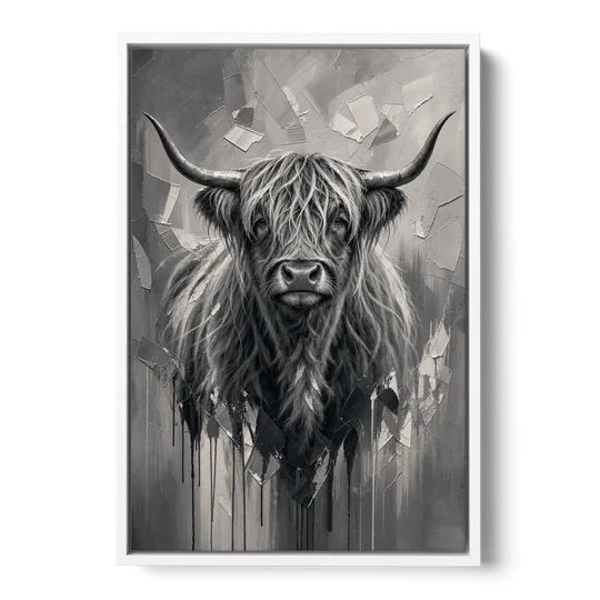 Black and White Farmhouse Shaggy Highland Cow - White Framed Canvas Wall Art - Front