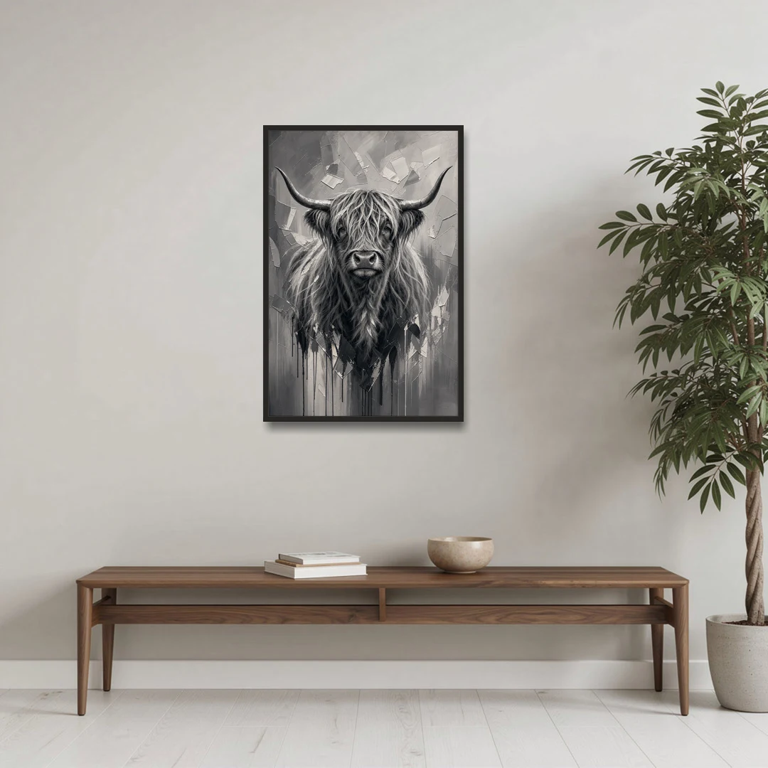 Black and White Farmhouse Shaggy Highland Cow - Black Framed Canvas Wall Art - Coffee Table - 24x36