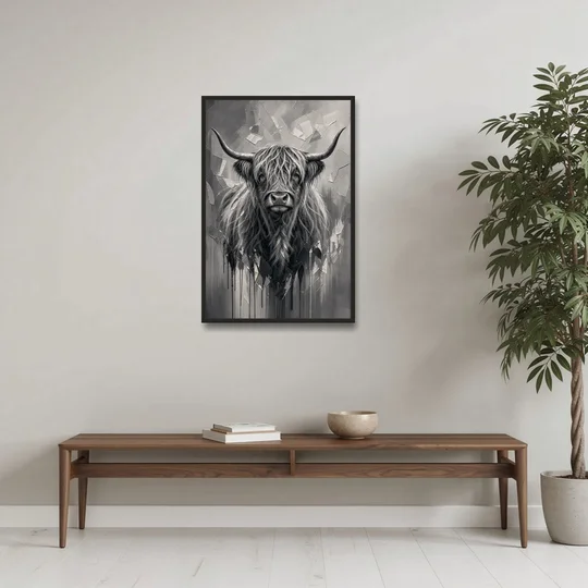 Black and White Farmhouse Shaggy Highland Cow - Black Framed Canvas Wall Art - Coffee Table - 24x36