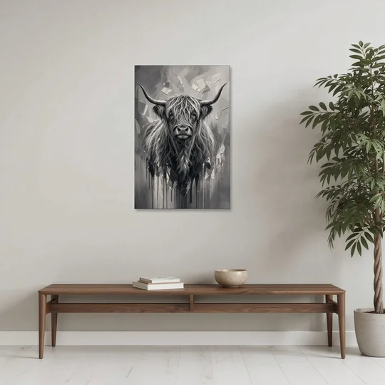 Black and White Farmhouse Shaggy Highland Cow - Canvas Wall Art - Coffee Table - 24x36