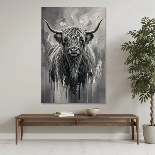 Black and White Farmhouse Shaggy Highland Cow - Canvas Wall Art - Coffee Table - 40x60