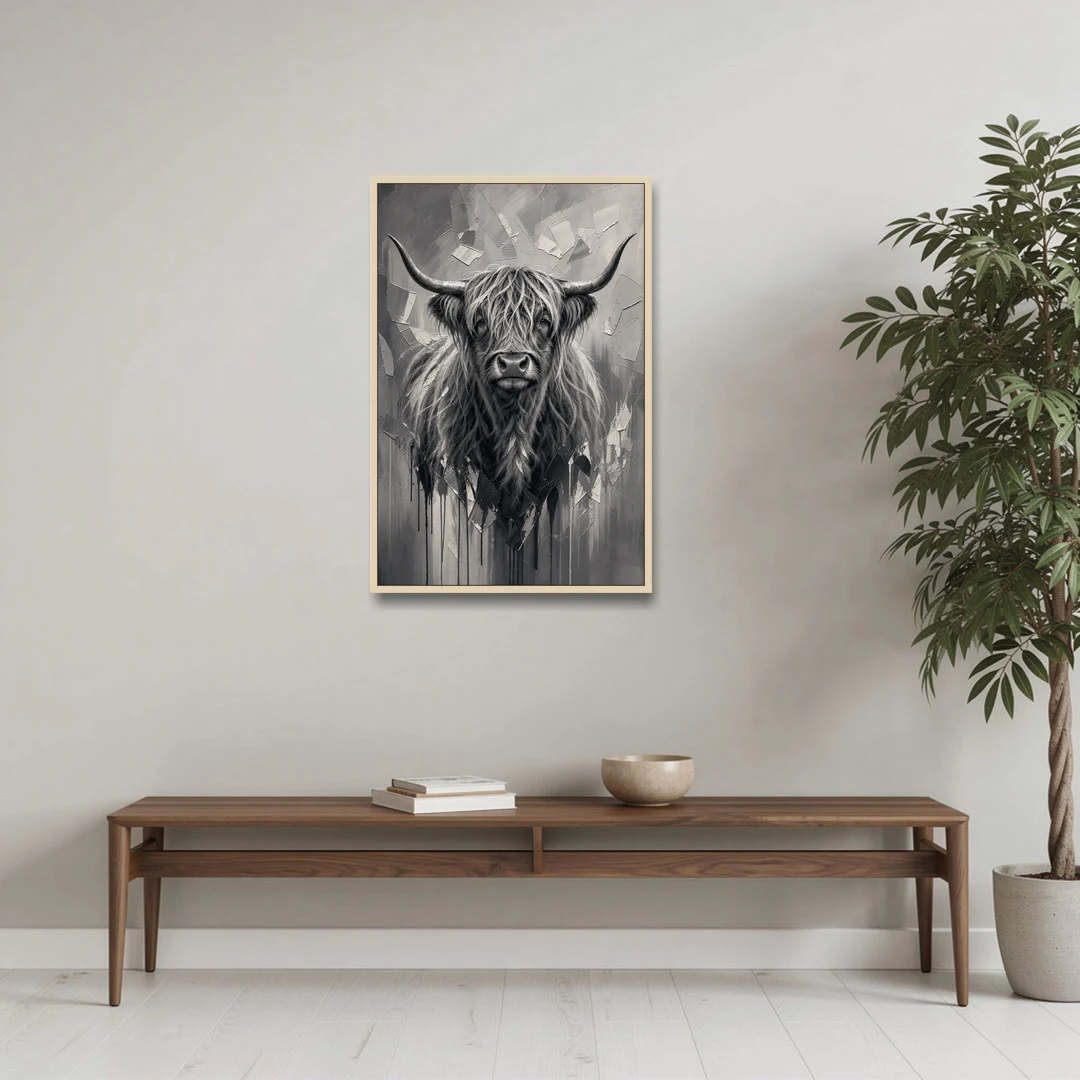 Black and White Farmhouse Shaggy Highland Cow - Oak Framed Canvas Wall Art - Coffee Table - 24x36
