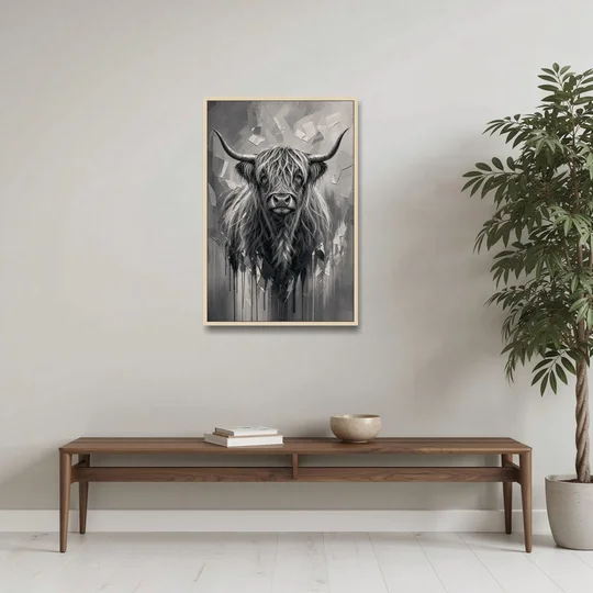 Black and White Farmhouse Shaggy Highland Cow - Oak Framed Canvas Wall Art - Coffee Table - 24x36