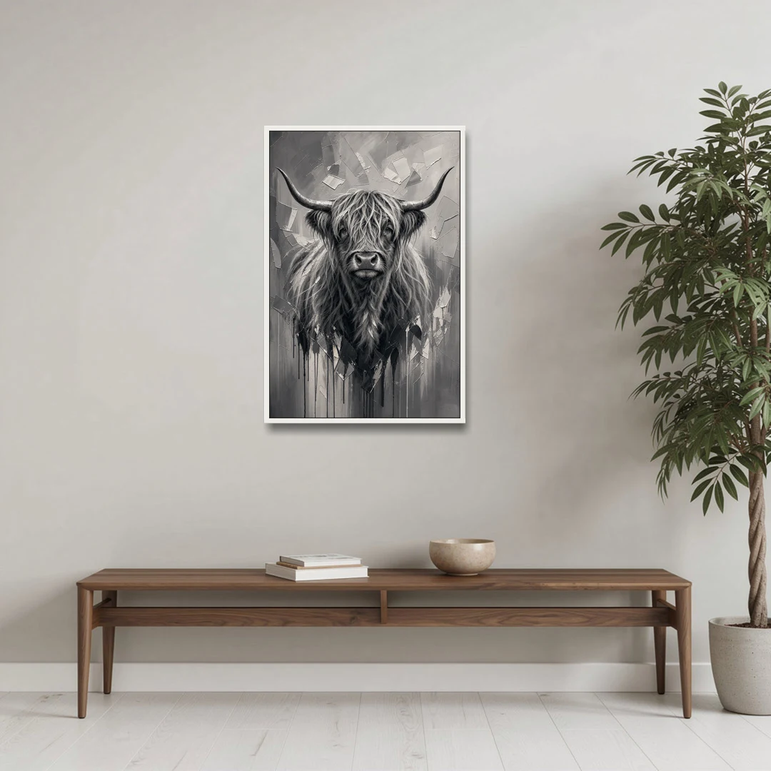 Black and White Farmhouse Shaggy Highland Cow - White Framed Canvas Wall Art - Coffee Table - 24x36