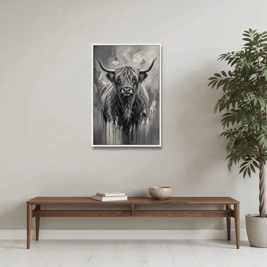 Black and White Farmhouse Shaggy Highland Cow - White Framed Canvas Wall Art - Coffee Table - 24x36