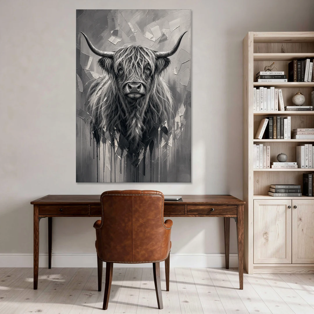 Black and White Farmhouse Shaggy Highland Cow - Canvas Wall Art - Office - 40x60