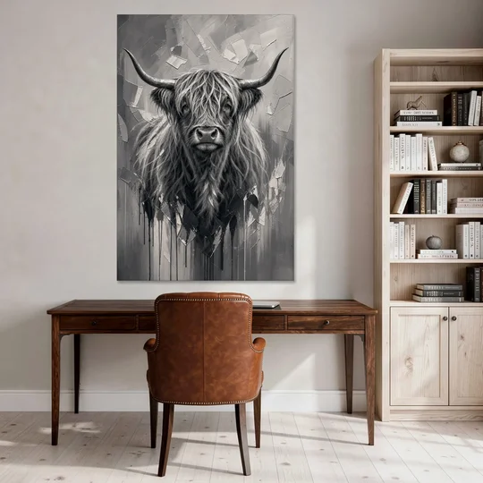Black and White Farmhouse Shaggy Highland Cow - Canvas Wall Art - Office - 40x60