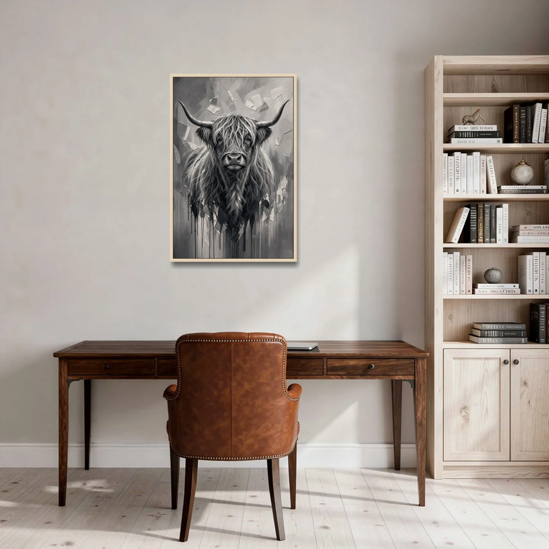 Black and White Farmhouse Shaggy Highland Cow - Oak Framed Canvas Wall Art - Office - 24x36